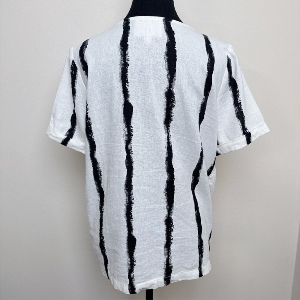 Compli K Womens Small Linen Striped Short Sleeve Lagenlook Patch Pocket Top - Picture 2 of 13